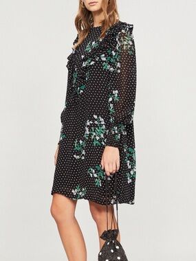 Ganni Rometty Georgette Ruffled Floral Polkadot Dress Size EU 34 = Size 2 Black